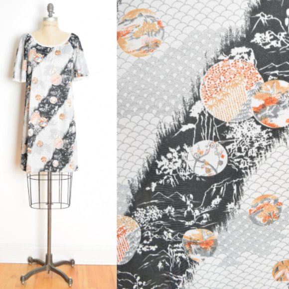 vintage 70s nightgown lingerie dress ASIAN print flutter hippie boho mini M - Picture 1 of 7